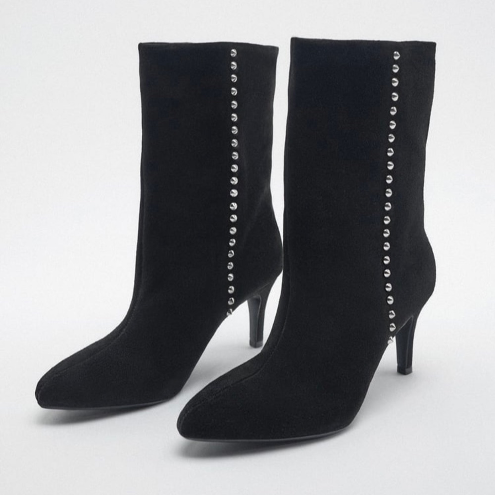 Zara Black Studded Suede Ankle Boots. NWT. Size 6.
